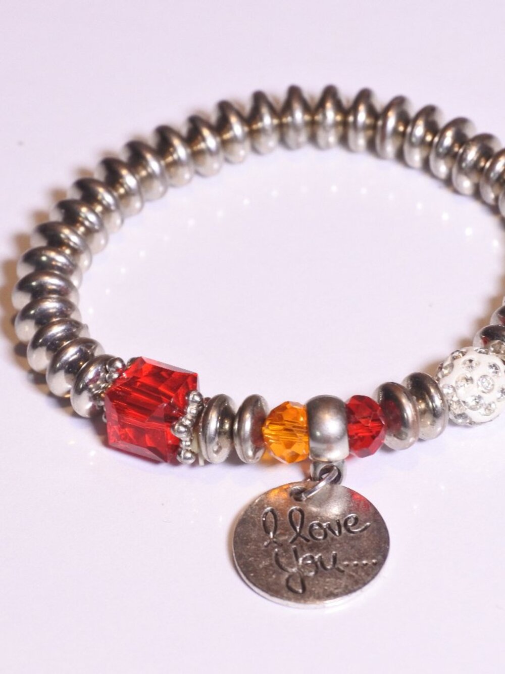 Bohemian Silver-Tone Beaded Stretch Charm Bracelet with Red/Orange Crystals